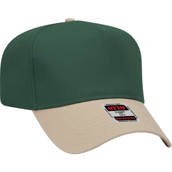 A green and beige five-panel baseball cap featuring a logo on the front.
