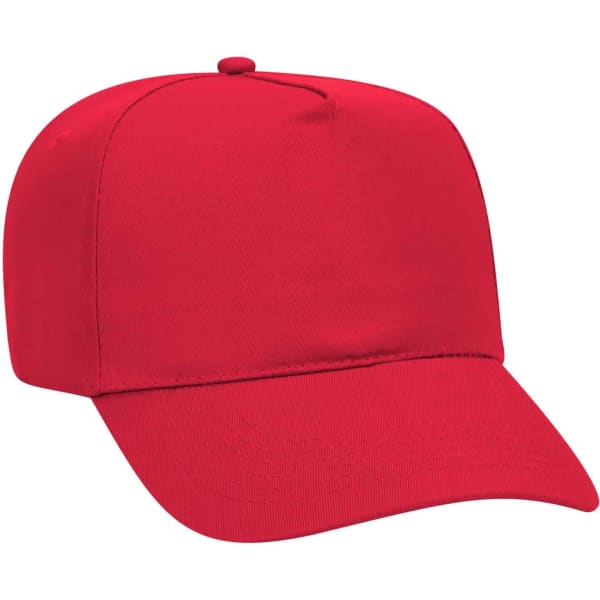 A red 5-panel baseball cap featuring a structured design and a small logo on the front.