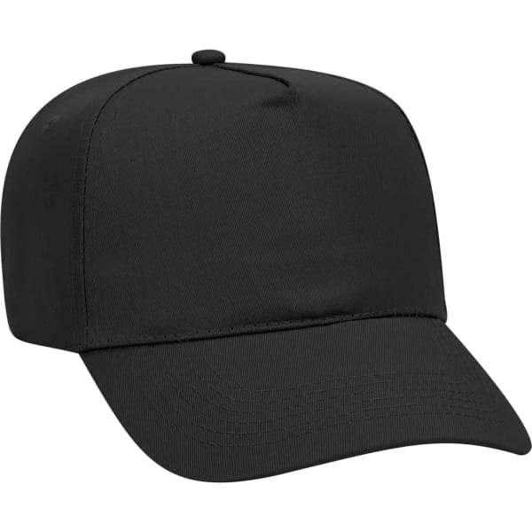 A black 5-panel baseball cap featuring a rounded crown and a curved brim, with a logo on the front.