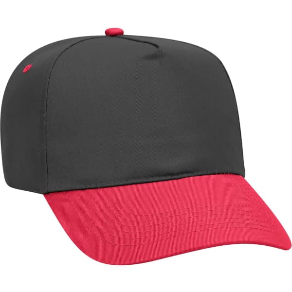 A 5 panel baseball cap featuring a black crown and red peak, with a logo on the front.