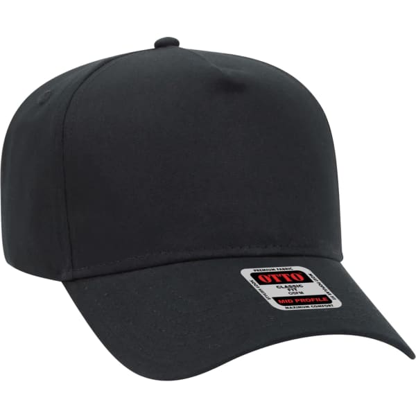 A black 5-panel baseball cap with a logo on the front and a curved peak.