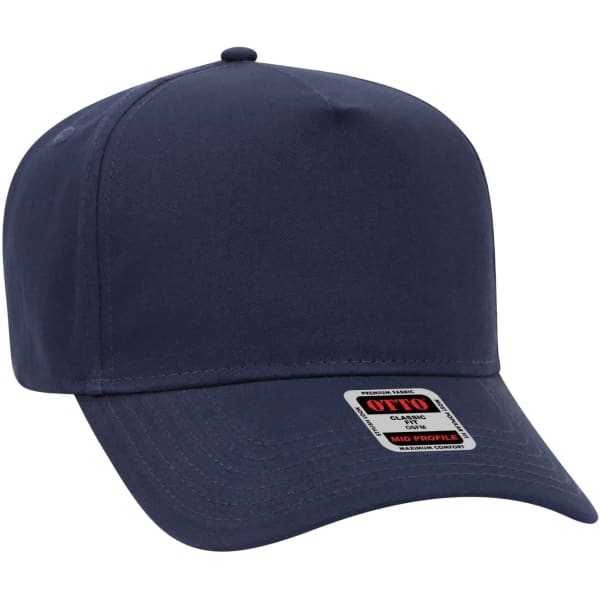 A navy blue 5 Panel Baseball cap with a branded label on the front.