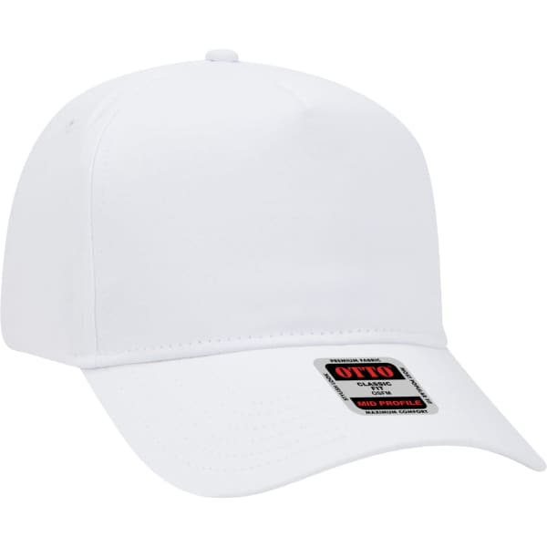 A white 5 panel baseball cap featuring a structured design and a logo on the side.