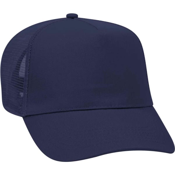 A navy 5 Panel Trucker Hat with a solid front and mesh back, featuring a logo.
