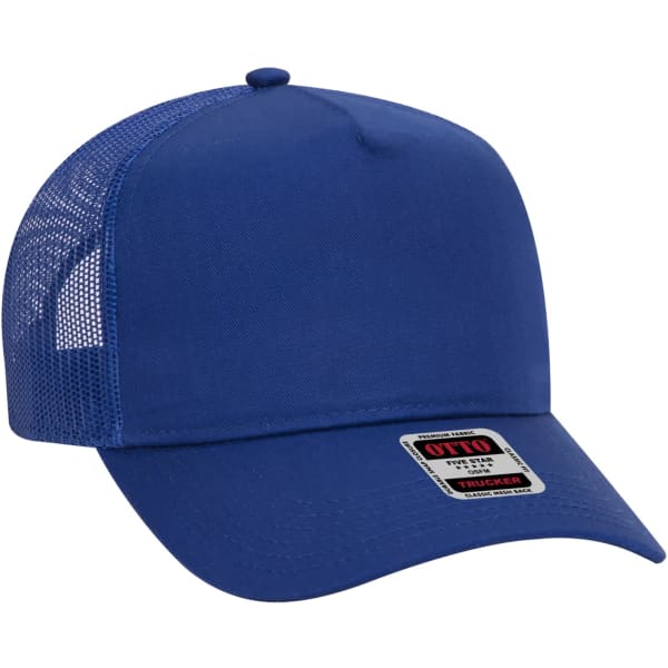 A blue 5 panel trucker hat with a mesh back and a branded label on the front.