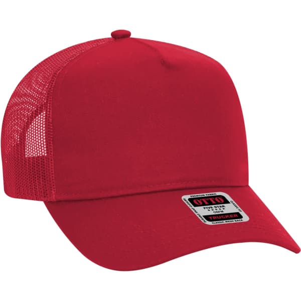 A red 5 panel trucker hat with mesh sides and a branded tag on the front.