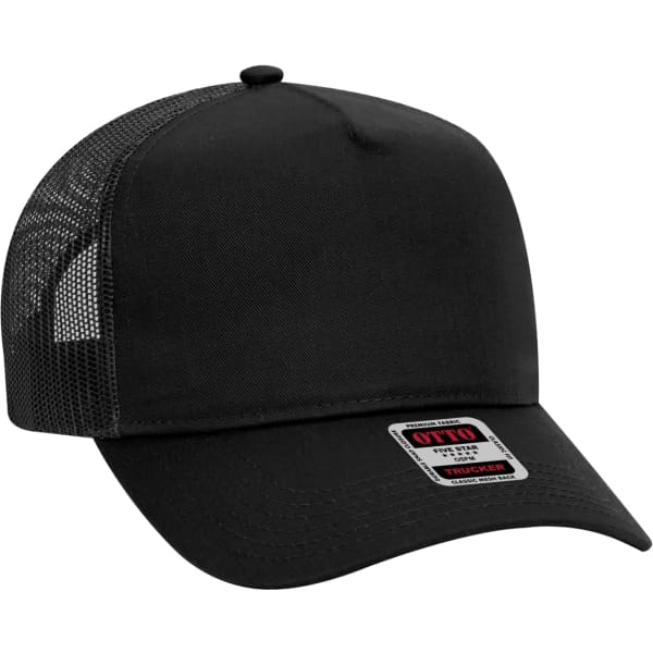 A black 5 panel trucker hat featuring a mesh back and a logo on the front panel.