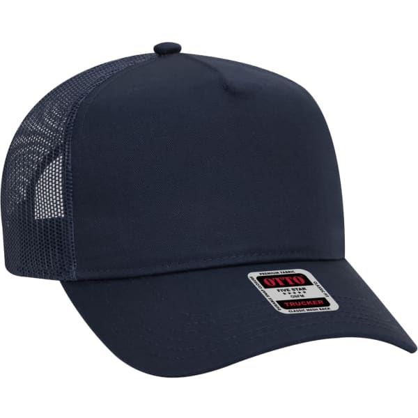 A navy blue 5-panel trucker hat featuring a mesh back and a small logo on the front.