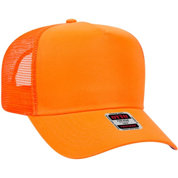 An orange 5 Panel Trucker Hat with a mesh back and a rectangular logo.
