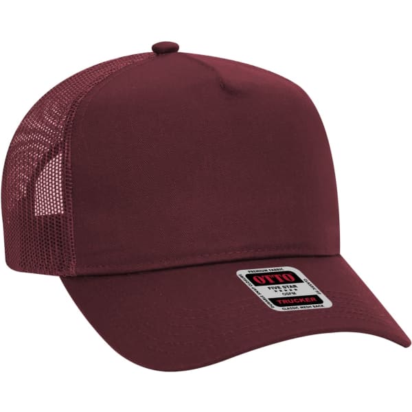 A maroon 5 panel trucker hat with a mesh back and a branded label on the front.