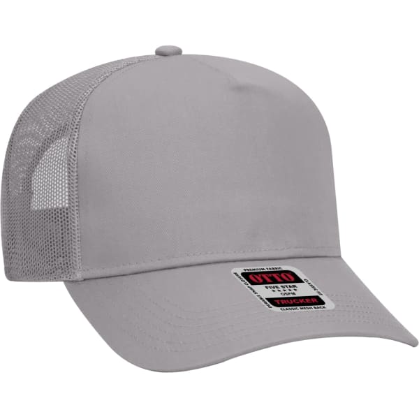 A grey 5 panel trucker hat with a mesh back and a branding label on the front.