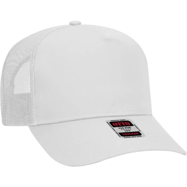 A white 5-panel trucker hat featuring a mesh back and a branded label on the front.