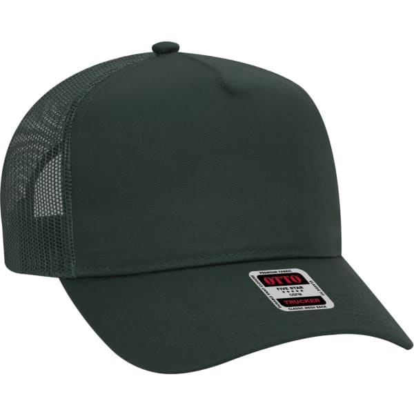 A green 5 panel trucker hat featuring a mesh back and a branded tag on the front.