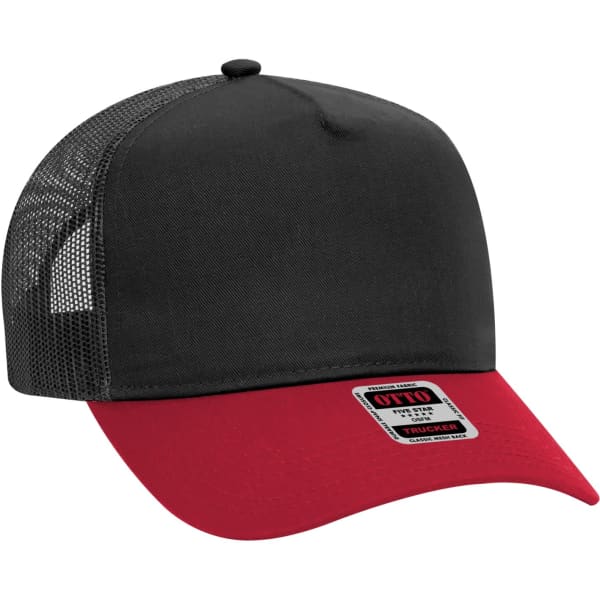 A 5 panel trucker hat with a black mesh back and a red brim, featuring a logo on the front.