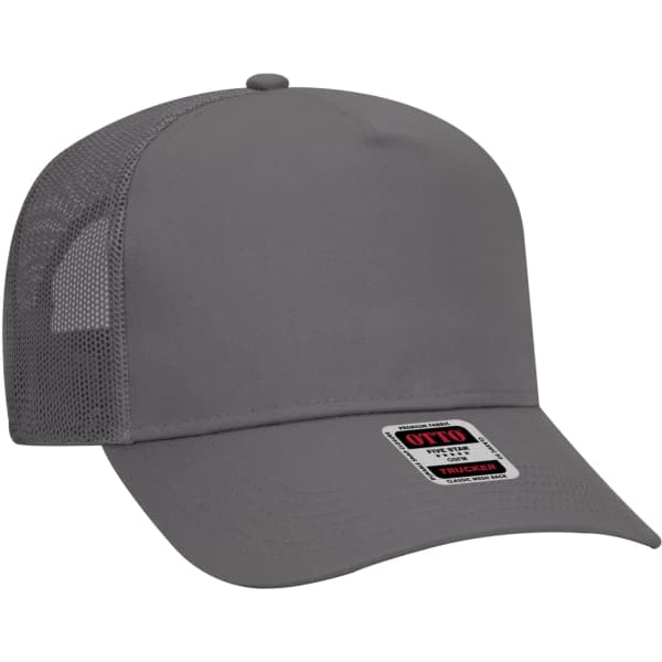 A grey 5 panel trucker hat featuring a mesh back and a tag on the front.