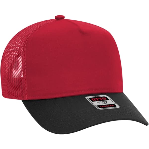 A red and black 5 panel trucker hat featuring a mesh back and a flat brim. It has a logo on the front.