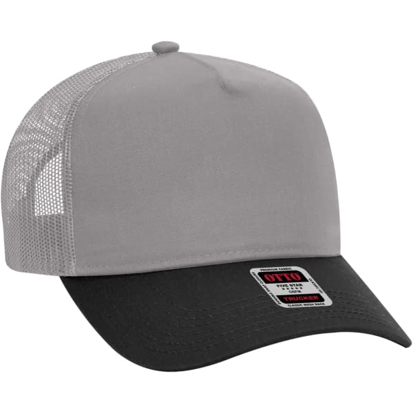 A 5 panel trucker hat in grey with a black brim and a mesh back, featuring a logo on the front.