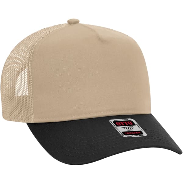A 5 panel trucker hat in beige with a black visor and a mesh back, featuring a logo on the front.