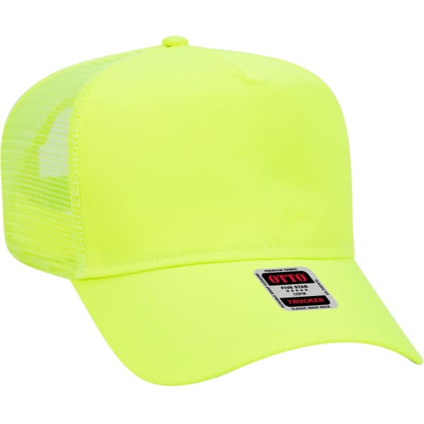 A bright yellow 5-panel trucker hat featuring a mesh back and a front panel with a logo.