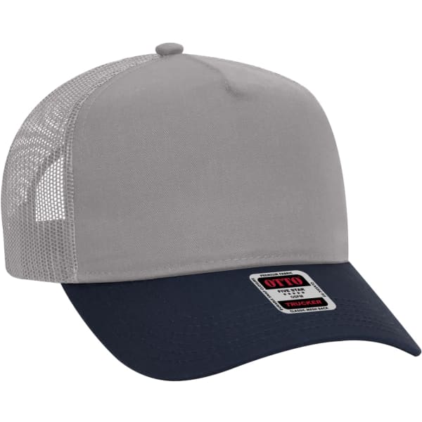 A five-panel trucker hat featuring a grey front and navy brim, with mesh detailing and a logo on the label.