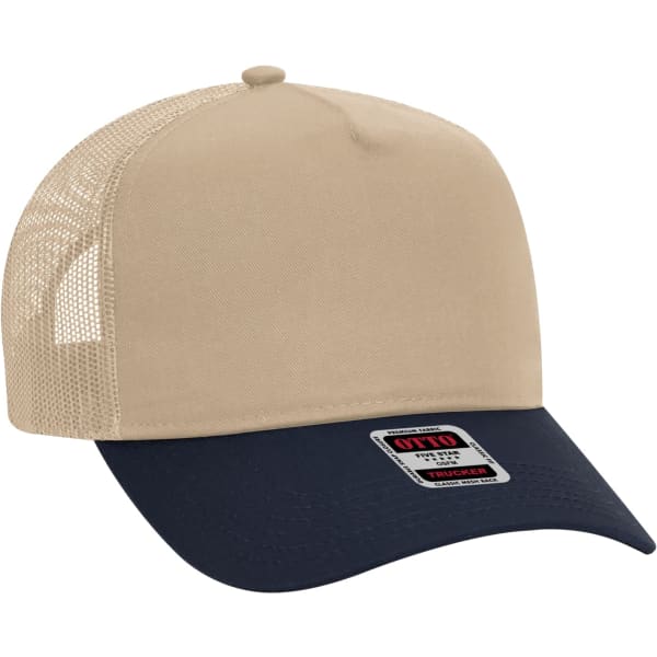 A 5-panel trucker hat in beige with a navy blue brim, featuring a branded label.