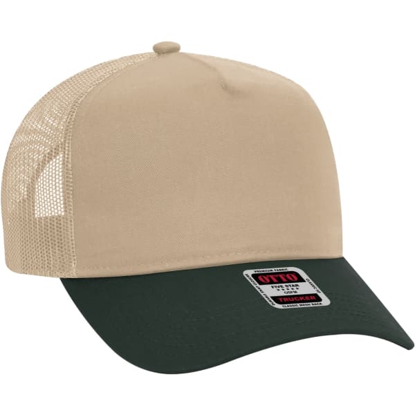 A 5 panel trucker hat featuring a khaki front and green brim, with mesh sides and a logo on the front.