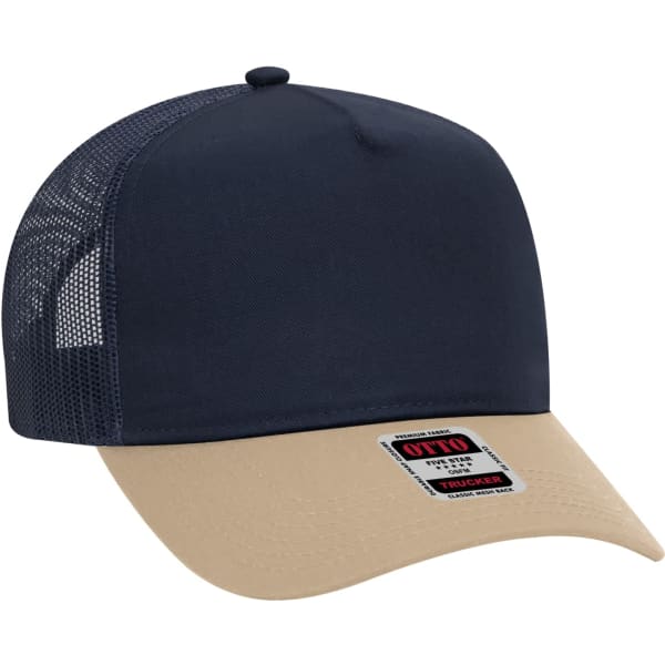 A five-panel trucker hat in navy and beige, featuring a mesh back and a branded label on the front.