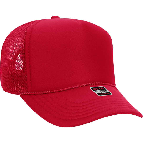 A red 5 panel trucker hat featuring a solid front and mesh back, with a logo on the front.