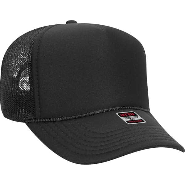 A 5 Panel Trucker Hat in black featuring a mesh panel and a logo on the front.