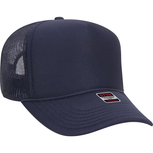 A 5 panel trucker hat in navy blue with a mesh back and a logo on the front.