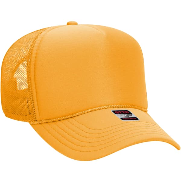 An orange 5 panel trucker hat with mesh sides and a logo on the front.