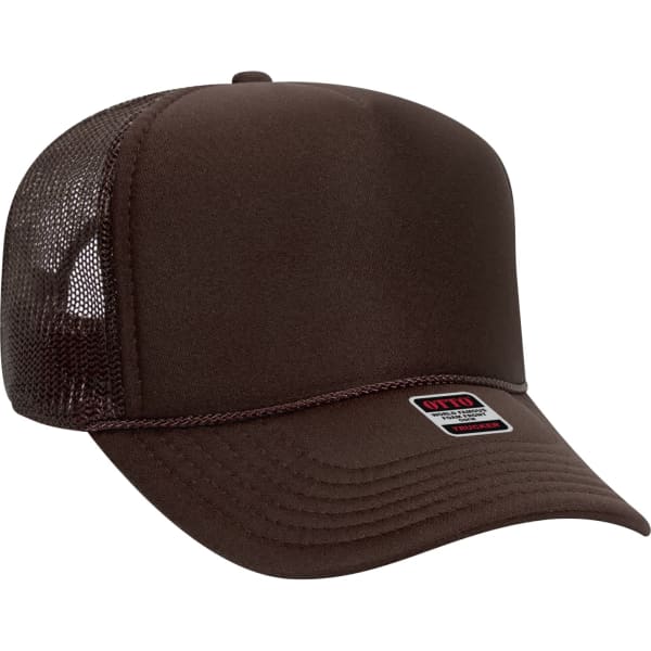 A brown 5-panel trucker hat featuring a mesh back and a logo on the front.