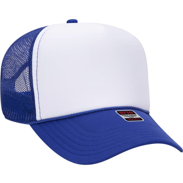 A blue and white 5 Panel Trucker Hat with a mesh back and a branded tag.