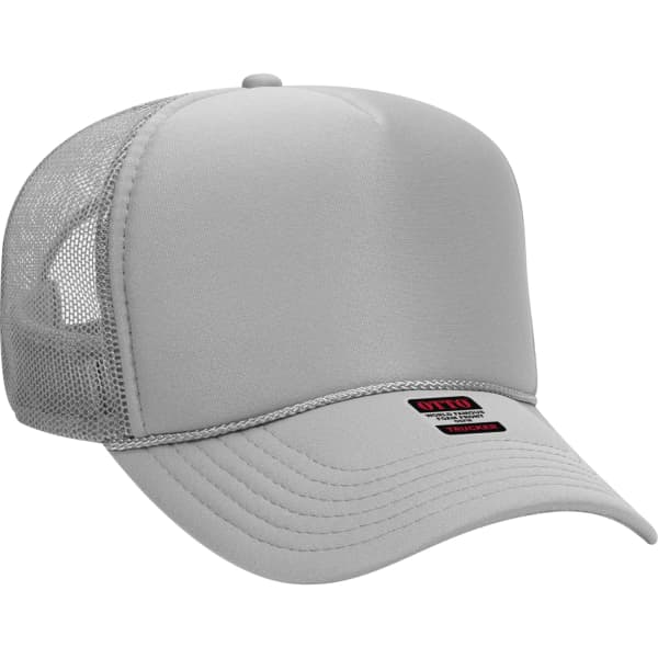 A grey 5 panel trucker hat featuring a mesh back and a branded logo on the front.