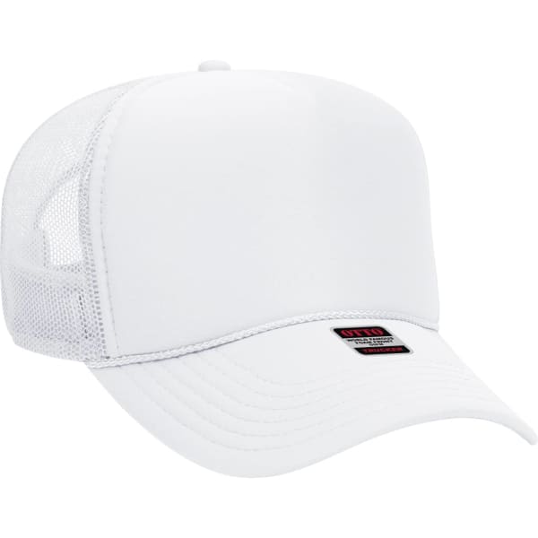 A white 5 Panel Trucker Hat featuring a mesh back and a small logo on the front.