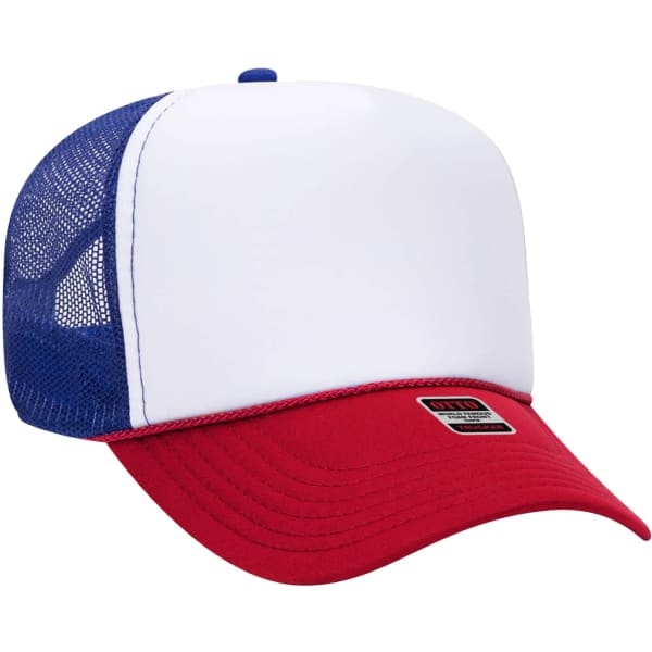 A red and blue 5 Panel Trucker Hat with a white front panel, featuring a logo badge.