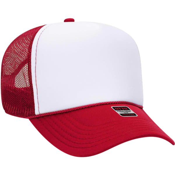 A red and white 5 panel trucker hat featuring a mesh back and a branded tag.