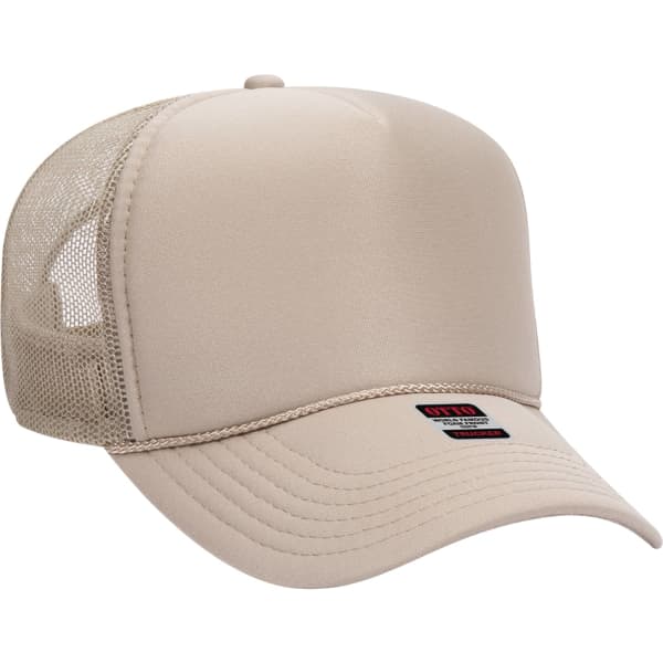 A beige 5 panel trucker hat with mesh sides and a branded patch on the front.