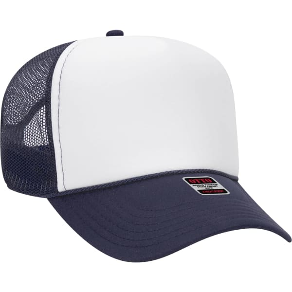 A 5 panel trucker hat in white and navy, featuring a mesh back and a logo on the front.