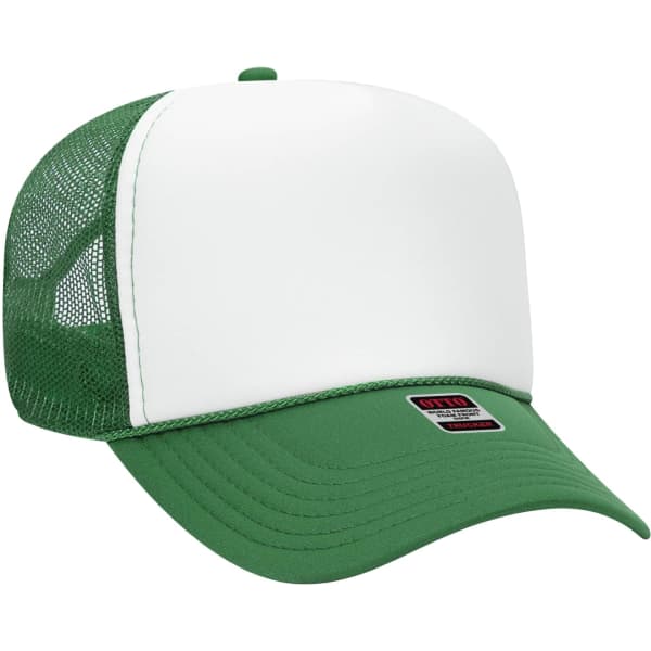 A green and white 5 panel trucker hat with a mesh back and a branded patch on the front.