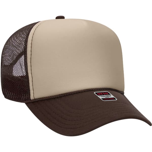 A 5 panel trucker hat featuring a beige front, brown brim, and brown mesh back with a logo.
