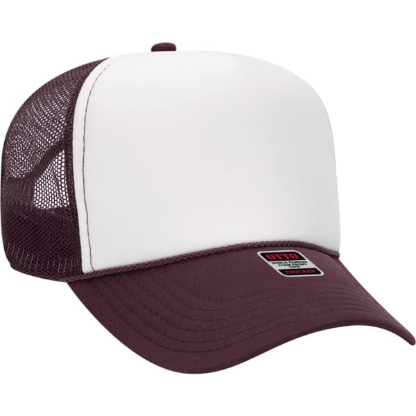 A maroon and white 5 Panel Trucker Hat with a mesh back and a branded patch on the front.