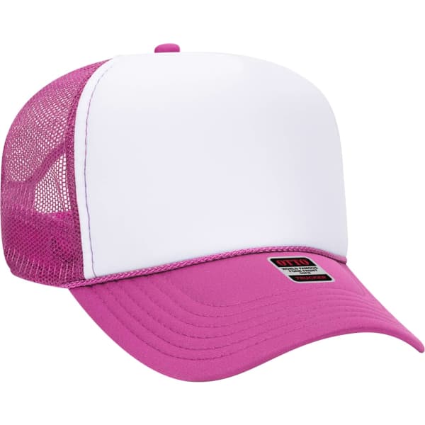 A pink 5-panel trucker hat with a white front panel and a mesh back, featuring a logo.