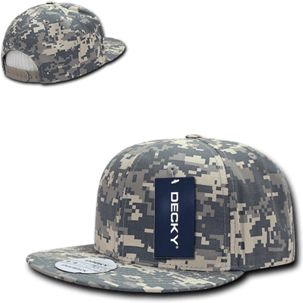 A snapback cap featuring a camouflage design in shades of grey and beige, with a logo on the front.