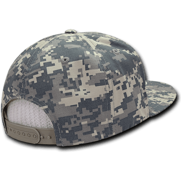A 6-panel high profile structured snapback cap in a digital camouflage pattern with a mesh back and adjustable strap.