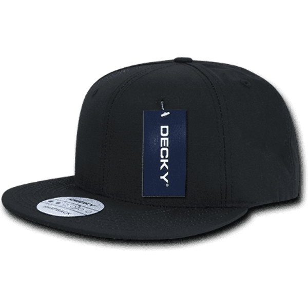 A black 6 panel high pro ripstop snapback cap with a branded tag attached. Features a flat peak design.