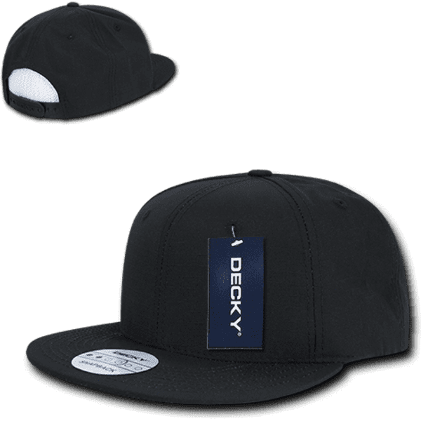 A black structured snapback cap featuring a front panel and a back adjuster. The cap has a logo tag attached.