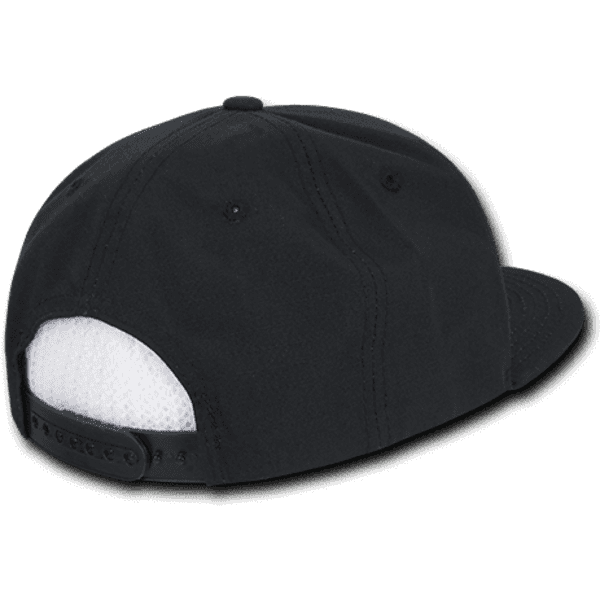 A black 6 panel high profile structured snapback cap with a mesh back and adjustable strap.