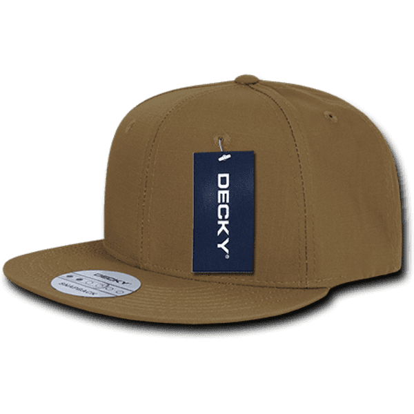 A brown 6-panel snapback cap with a flat brim and a branded tag attached.