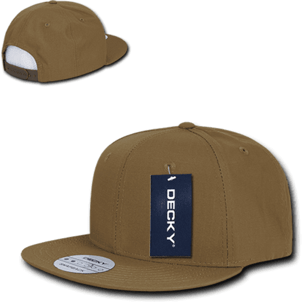 A tan high profile structured snapback cap with a logo and adjustable snapback closure.